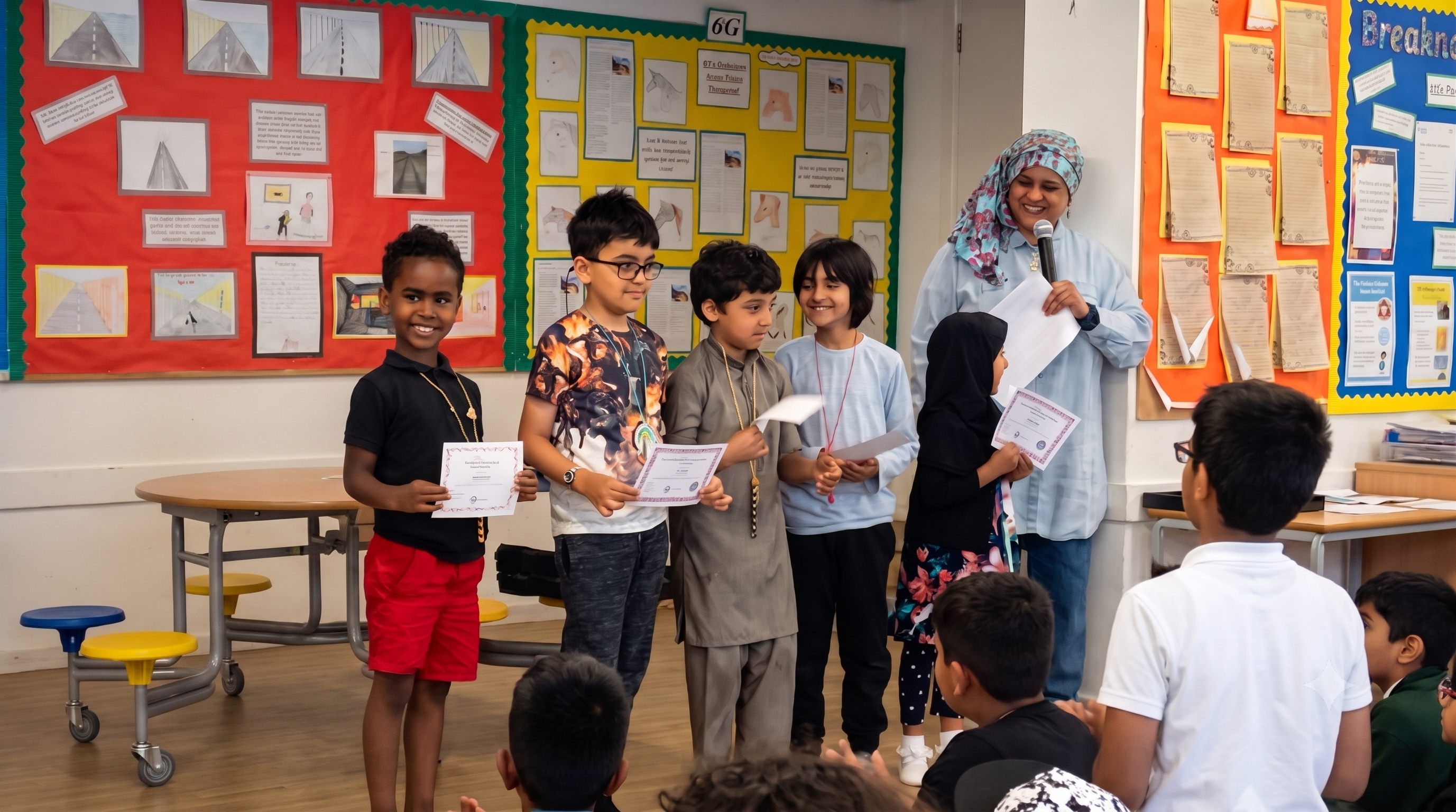 Pupils receiving certificates during a school celebration
